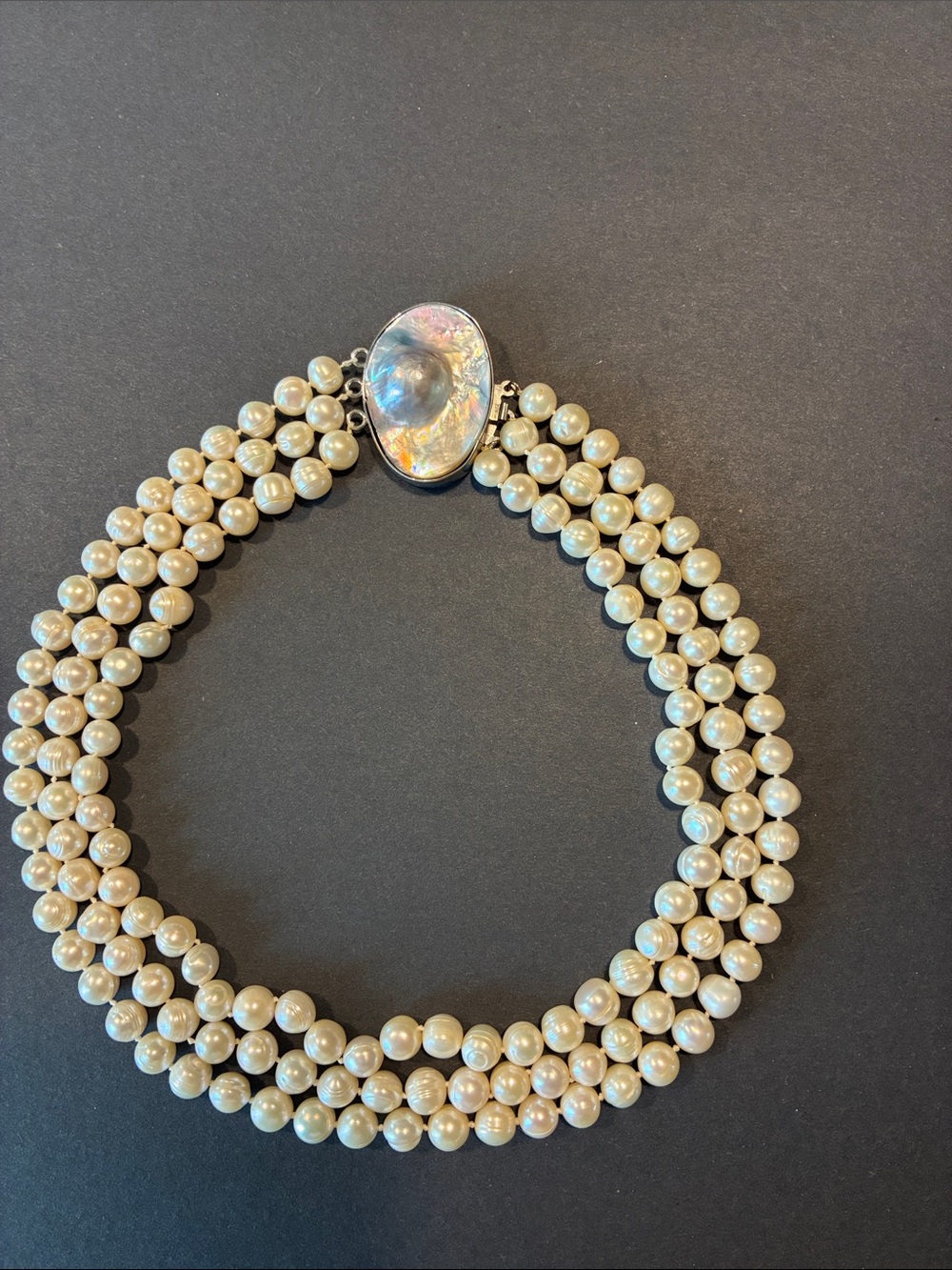 Classic White Pearl Multi-Strand Necklace with Mabe pearl Iridescent Clasp